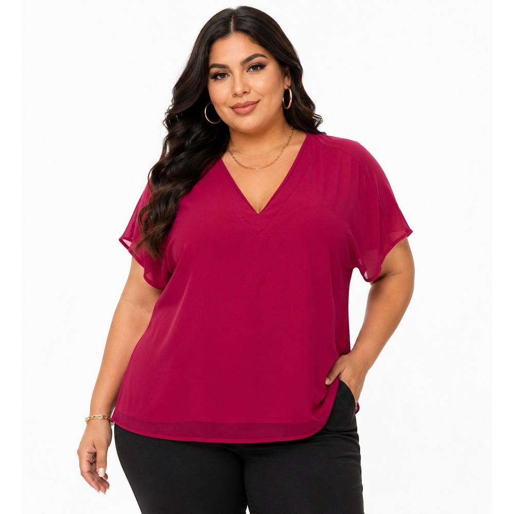Les Serein Berry Pink V-Neck Mixed Media Chiffon Blouse Size 2X NWT